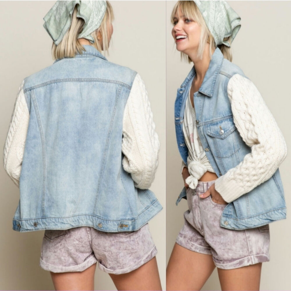 POL sweater sleeve denim jacket blue cream small - Picture 1 of 5